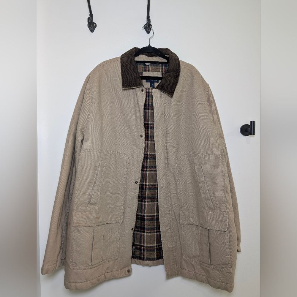 Vintage 90s Lands End Barn Jacket XL Tan Canvas Plaid Lined Chore Coat Dadcore - Picture 16 of 16